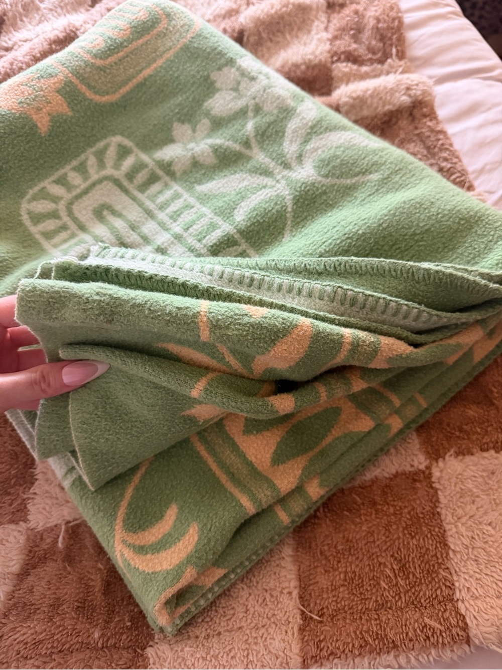 Vintage Sage Green & Butter Yellow MCM Botanical Fleece Throw Blanket Twin Size